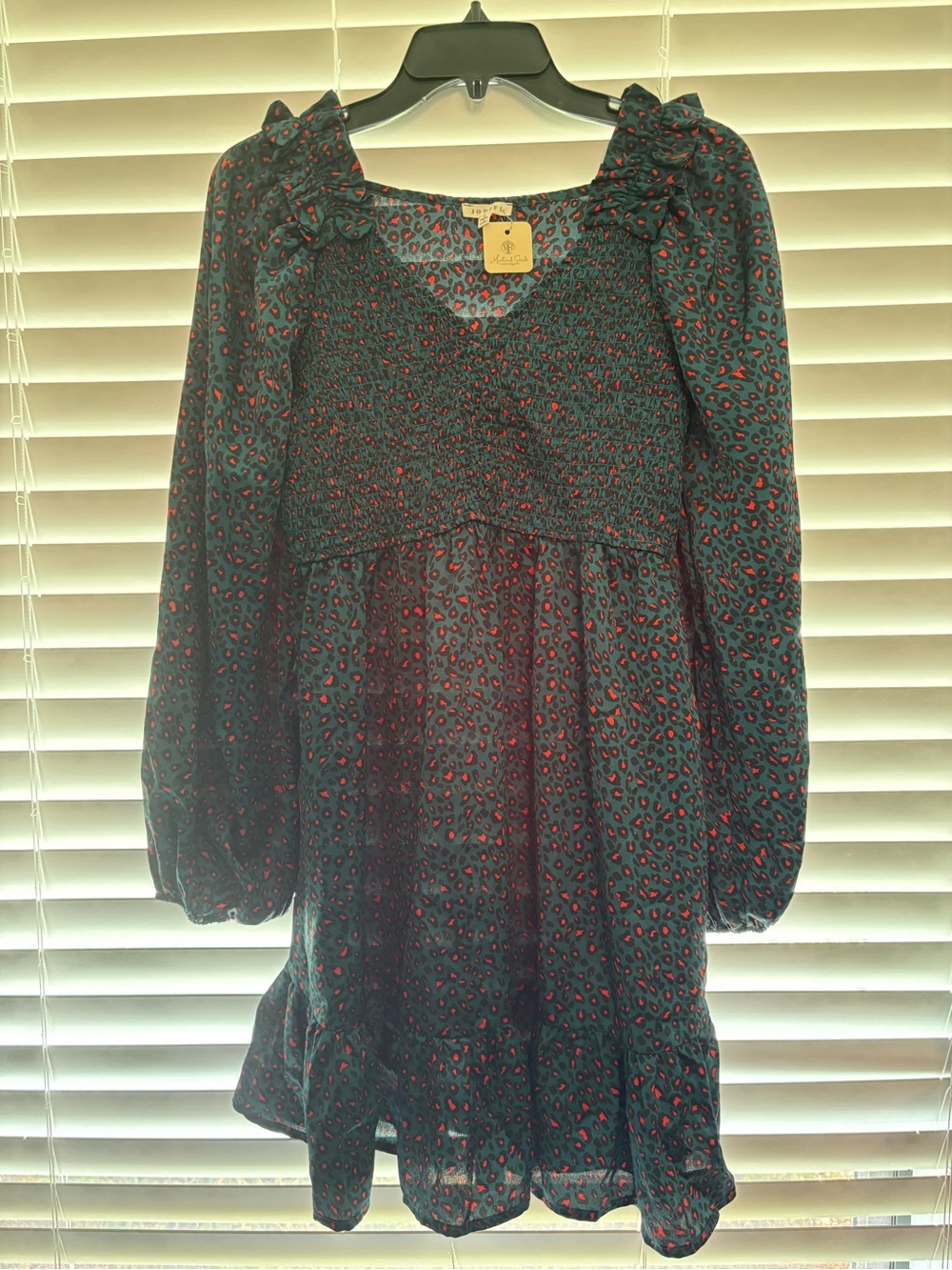 JODIFL Black Long Sleeve Smocked Mini Dress with Red Spot Print